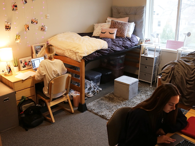 Two students studying at their desks in their residence hall room